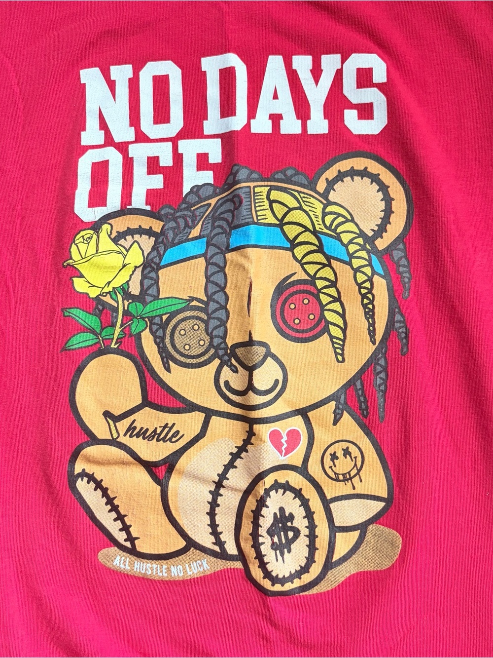 Red No Days Off Teddy Bear Graphic Tee Y2K Baby Tee Small